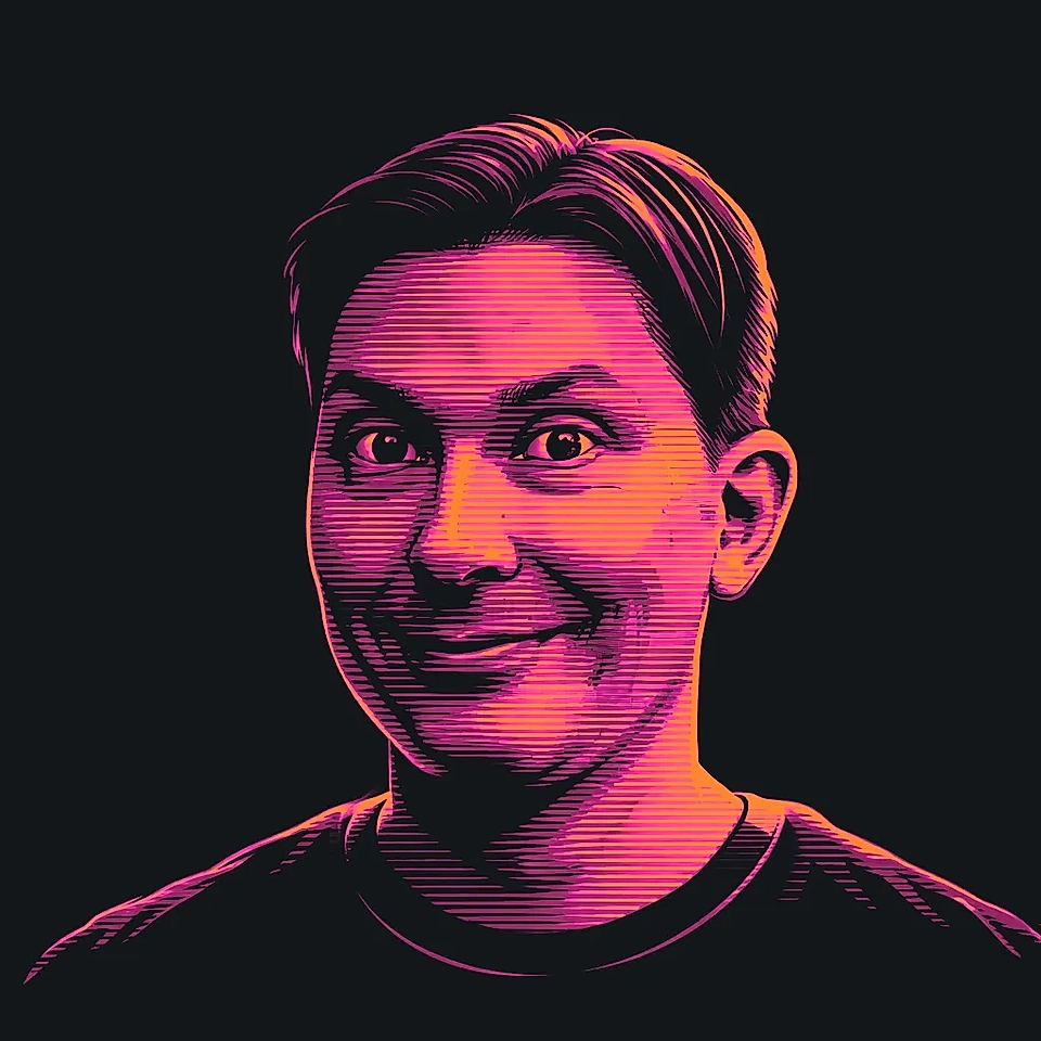 Illustration of a smiling man with short hair in vibrant pink and purple against a dark background.