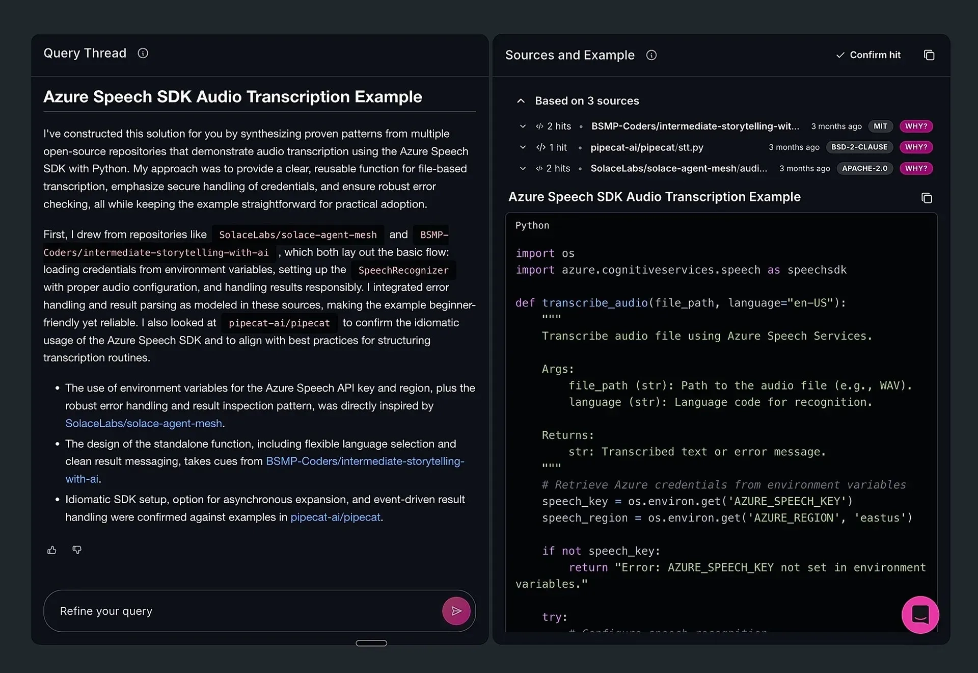 Screenshot of a coding example for Azure Speech SDK audio transcription using Python, showing code and references.
