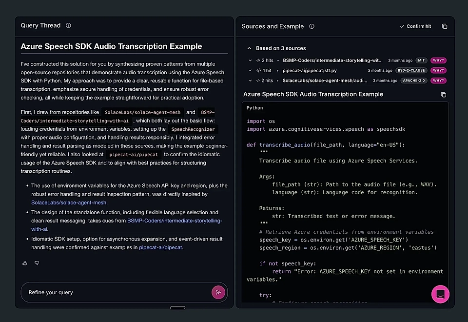 Screenshot of a coding example for Azure Speech SDK audio transcription using Python, showing code and references.