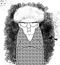 Cartoon illustration of an elderly person with glasses and fluffy white hair, wearing a patterned robe, against a textured background.