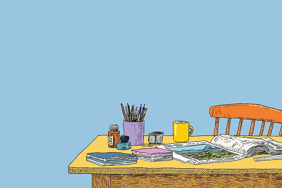 Illustrated desk with books, art supplies, coffee mug, open newspaper, and a wooden chair against a blue background