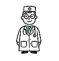 Cartoon doctor in white coat, glasses, and medical cap with stethoscope