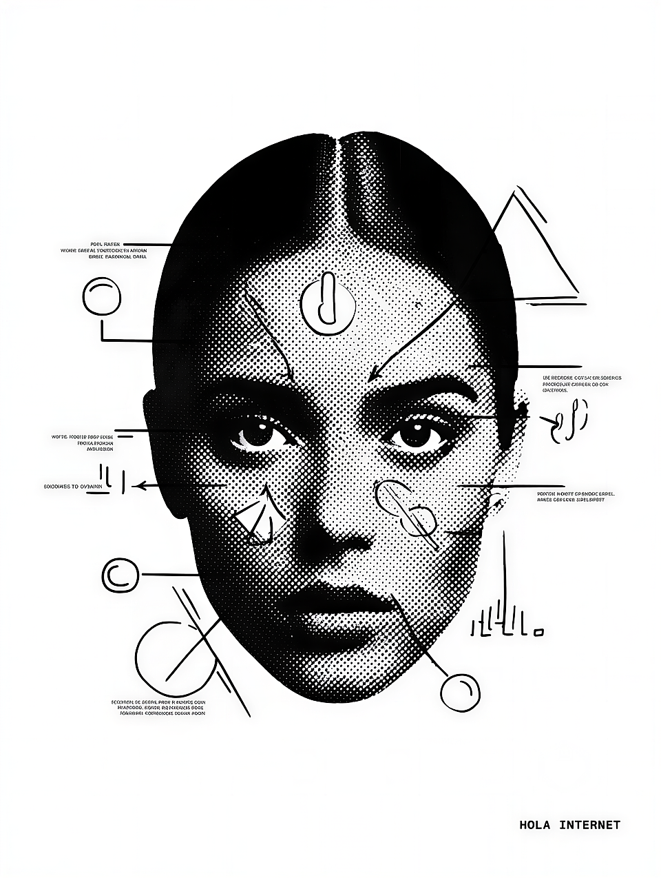 Black-and-white abstract portrait of a woman's face with graphic annotations and lines