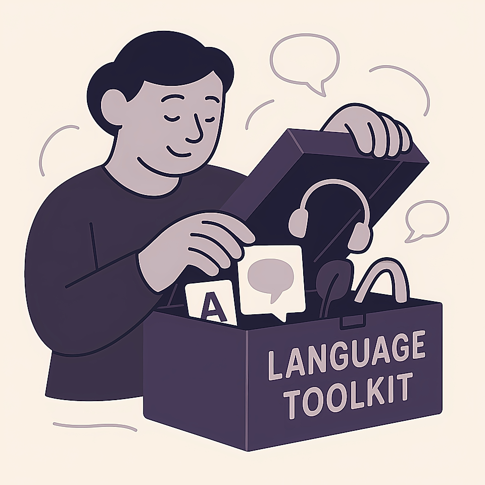 Illustration of a person opening a language toolkit box with speech icons.