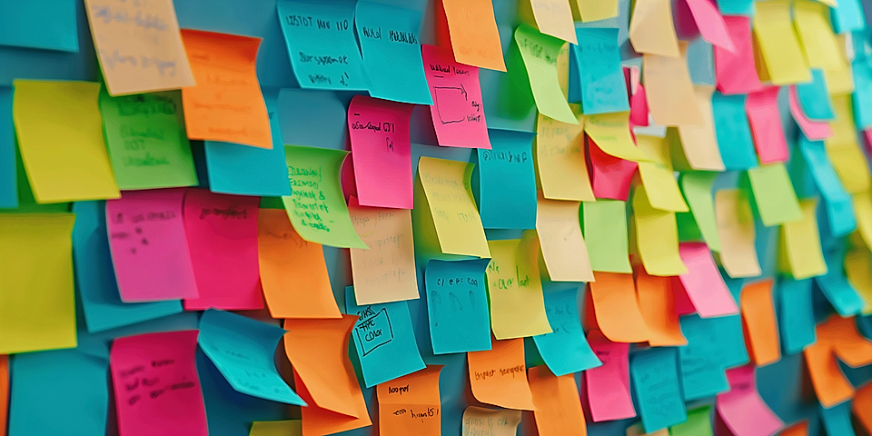 Colorful sticky notes covering a wall in a clustered brainstorming board