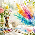 A bright workspace with paint splashes, brushes in a jar, a mug, and blooming flowers, conveying creativity.