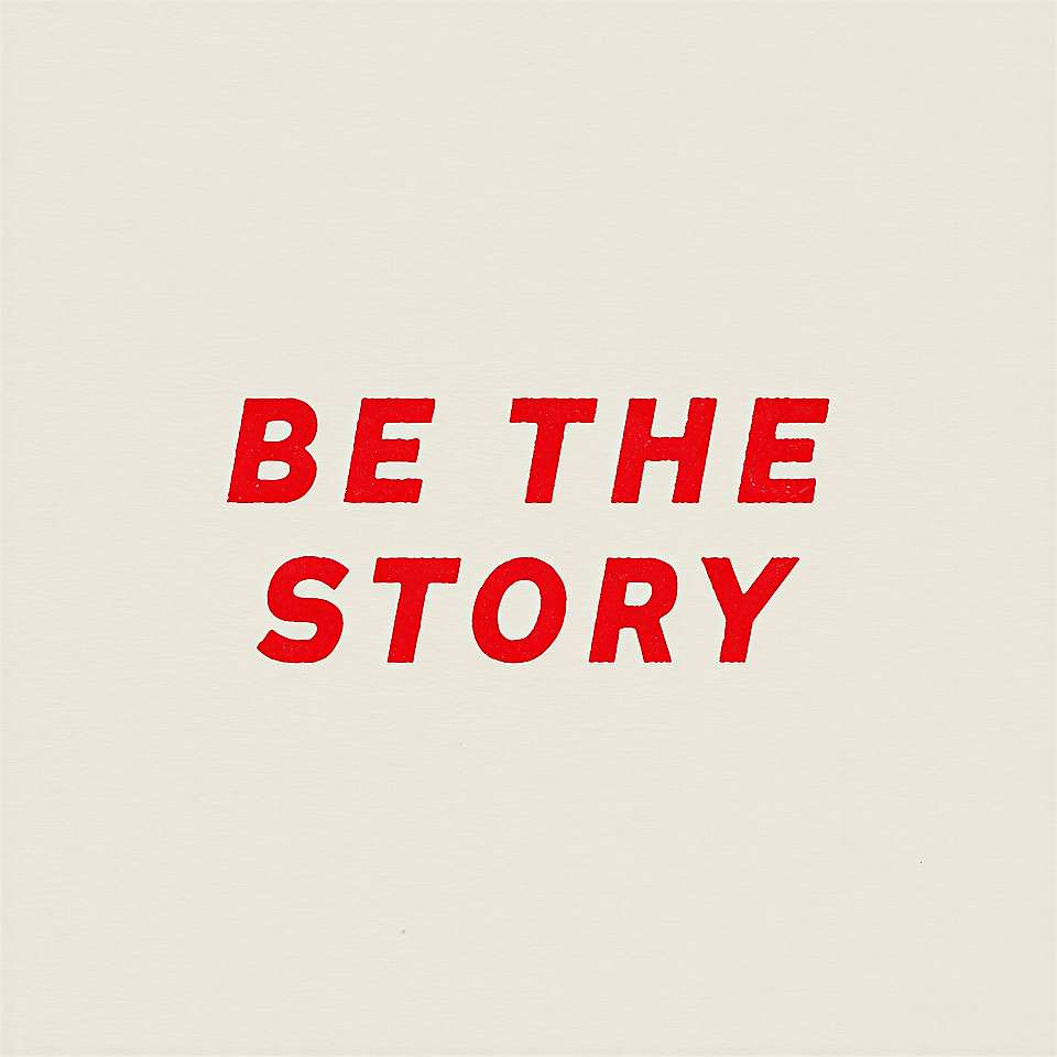 Red text reading 'BE THE STORY' on a light beige background