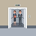 Illustration of two professionals in a business elevator, one holding a folder, with buttons on the wall and a floor indicator.