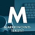 Logo featuring a large 'M' and the text 'MARKKINOINTITEKSTIT' on a blue background with a keyboard and cup in the background.