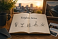 An open book displaying illustrations of a light bulb, two people, a mountain, and a star, with 'Yrityksen tarina' written.