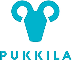 Logo of Pukkila featuring a turquoise design resembling a ram's head with curly horns.