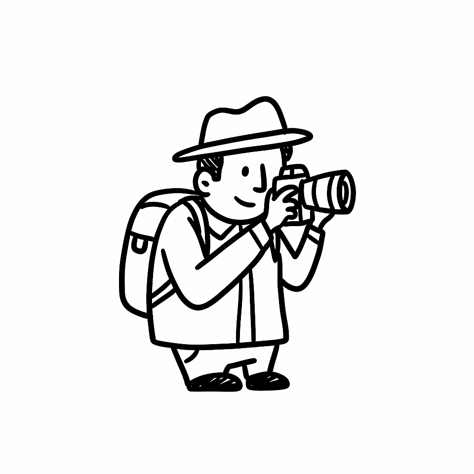 Illustration of a person wearing a hat and backpack holding a camera and taking a photo