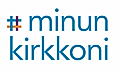 Logo featuring the hashtag symbol and text 'minun kirkonini' in blue and colorful accents.