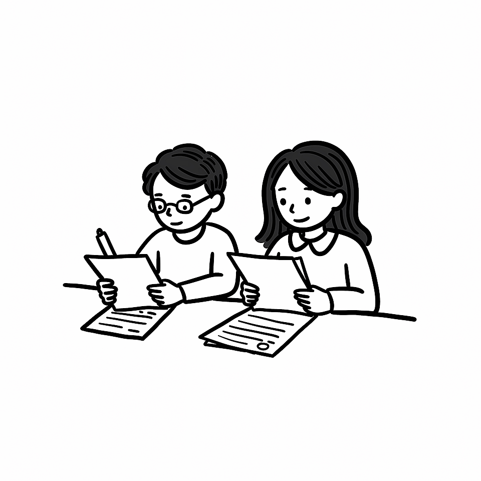 Illustration of two students reading papers at a desk
