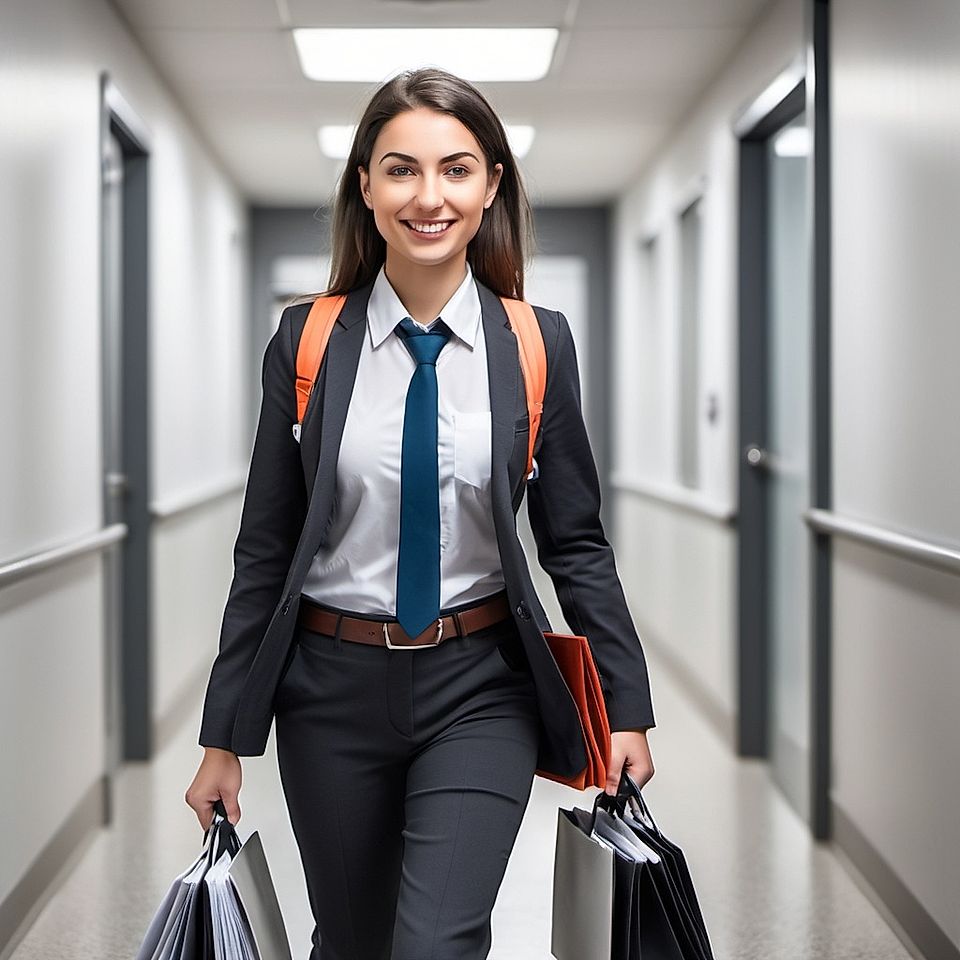 A woman in a business suit walks confidently down a hallway carrying files and a bag, with a bright smile.