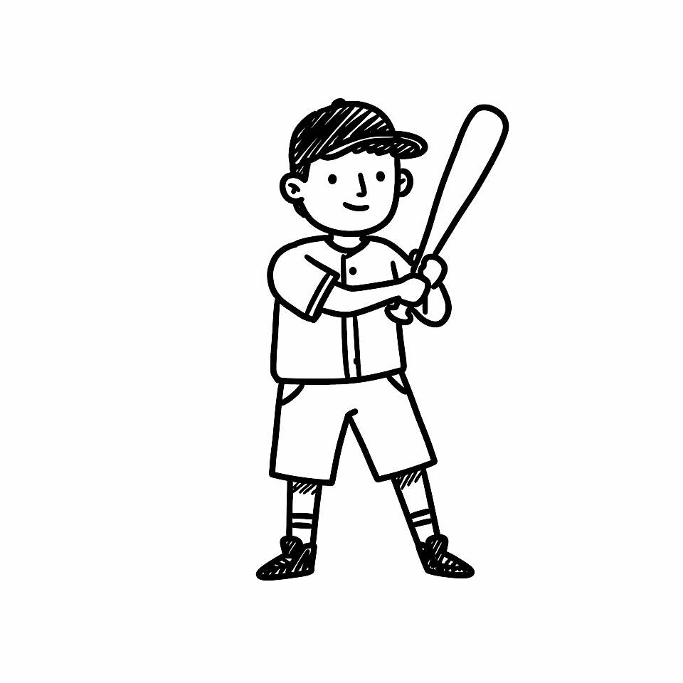 Black-and-white cartoon of a boy holding a baseball bat