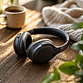 Black wireless headphones placed on a wooden table beside a cup of coffee and a cozy blanket.