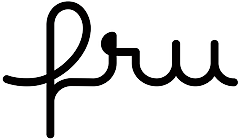 Logo design featuring the word 'fru' in a modern, minimalist style with flowing curves and a black outline.