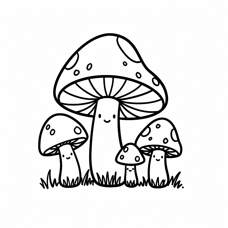 Black-and-white cartoon of four smiling mushrooms with spotted caps in grass