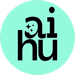 Logo featuring the letters 'ai' and 'hu' in a circular mint background with a sparkle accent.