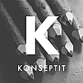 Close-up of sharpened pencils arranged with a large 'K' and the word 'KONSEPTIT' in bold text.