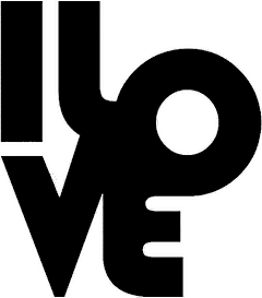 Stylized text logo featuring the phrase 'I LOVE' with artistic letter design and bold typography.