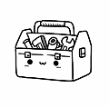 Cute toolbox illustration with assorted tools inside, including wrench, hammer, and screwdriver