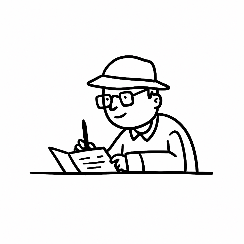 Black-and-white illustration of a man in a hat and glasses writing at a desk with papers.