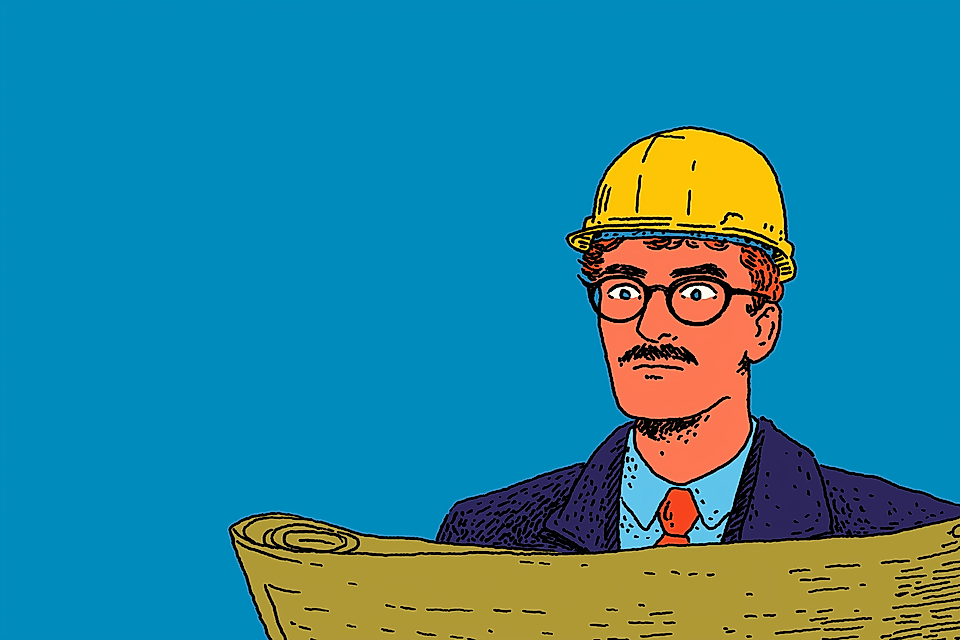 Illustration of a man in a hard hat and glasses reading a rolled blueprint against a blue background