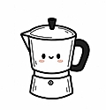 Cute cartoon moka pot coffee maker with a smiling face, black handle, and pink cheeks