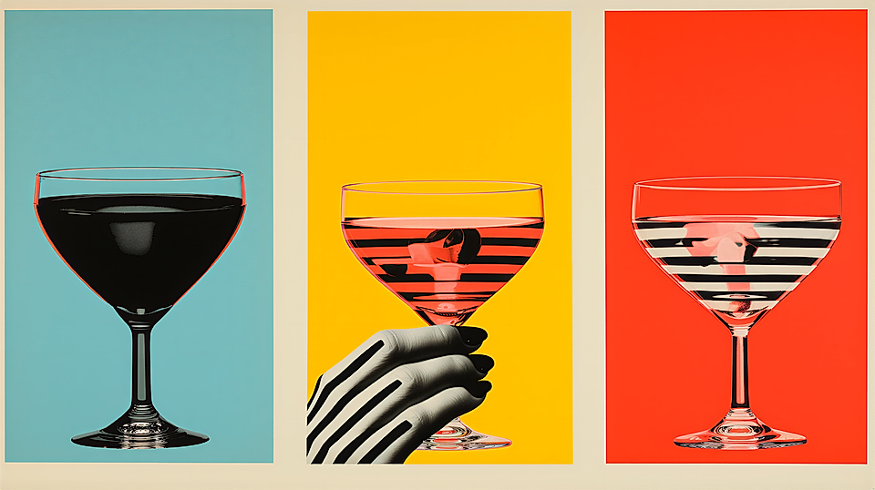 Triptych of cocktail glasses on bold color backgrounds, including a hand holding one striped glass.