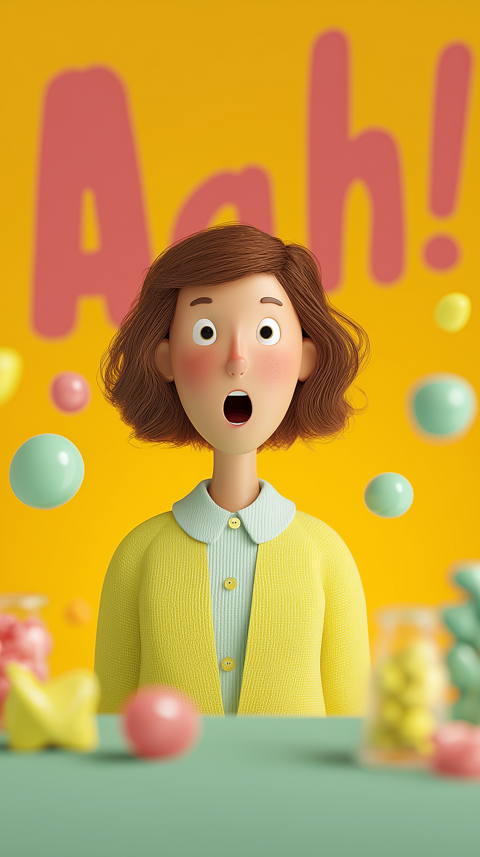 3D cartoon woman with a surprised expression against a bright yellow background with floating candy-like spheres.