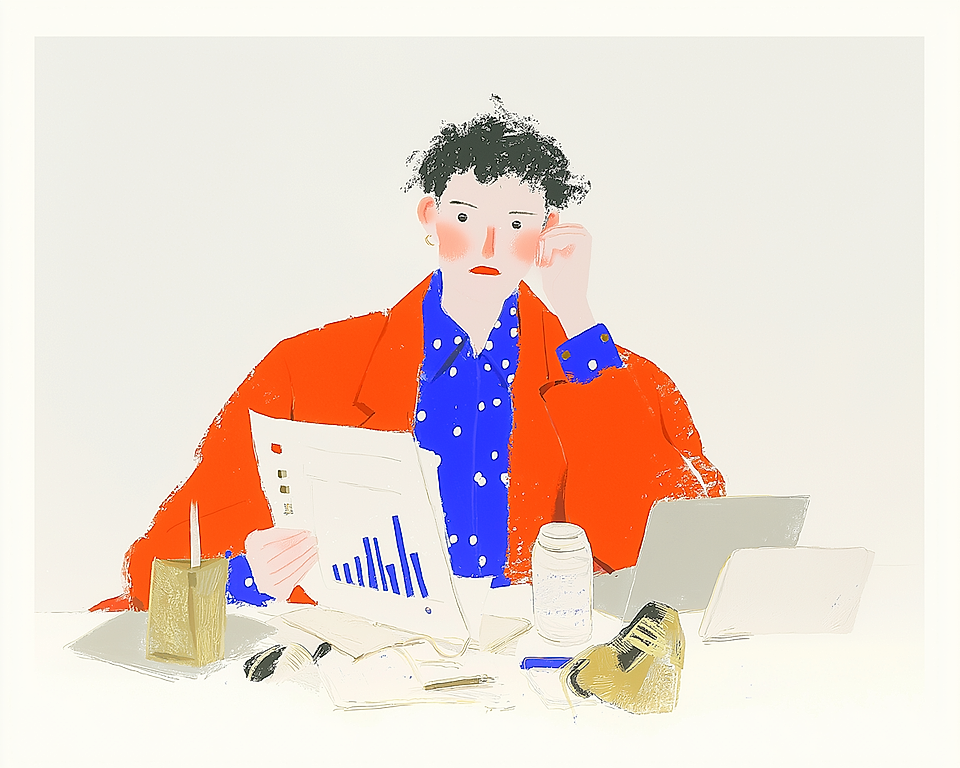 Illustration of a person at a desk with charts, laptop, papers, and office supplies