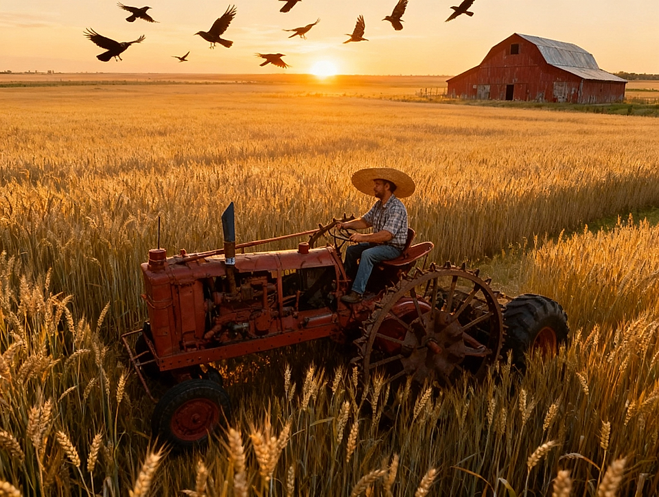 Farmer driving a tractor through a wheat field at sunset with birds flying and a red barn in the background.