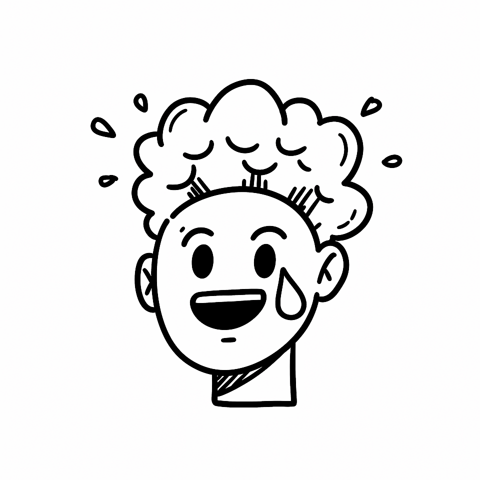 Black-and-white cartoon face with a sweat drop and cloud-like hair, drawn in simple line art.