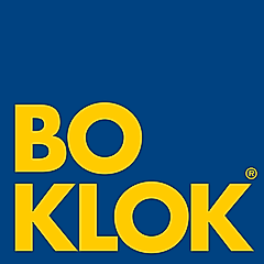 Logo of BoKlok, featuring bold yellow text on a blue background.