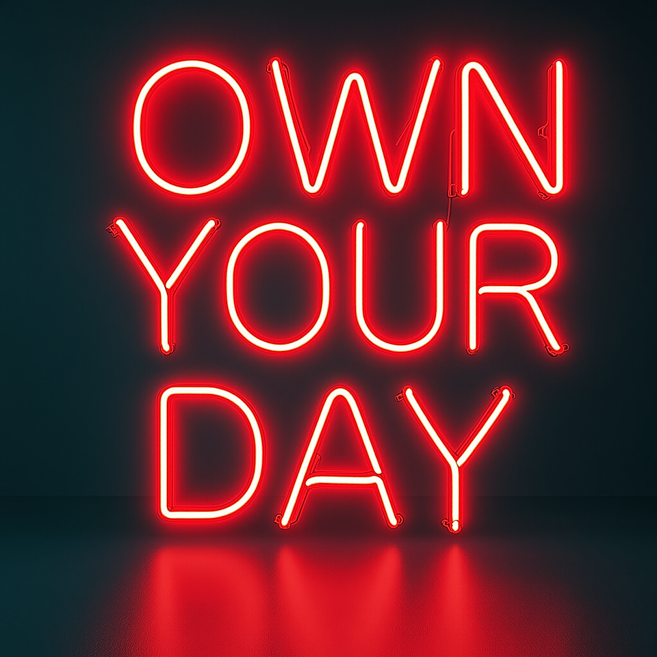 Neon red sign reading 'OWN YOUR DAY' on a dark background