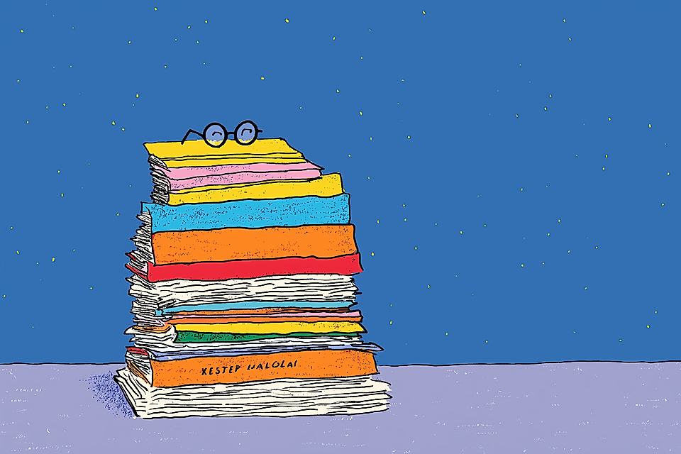Stack of colorful books with glasses on top against a blue starry background