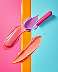 Vibrant pink and orange paint with a spatula, against a blue background, highlighting texture and color contrast.