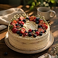 A layered cake topped with strawberries, raspberries, blackberries, and small white flowers, arranged on a wooden table.