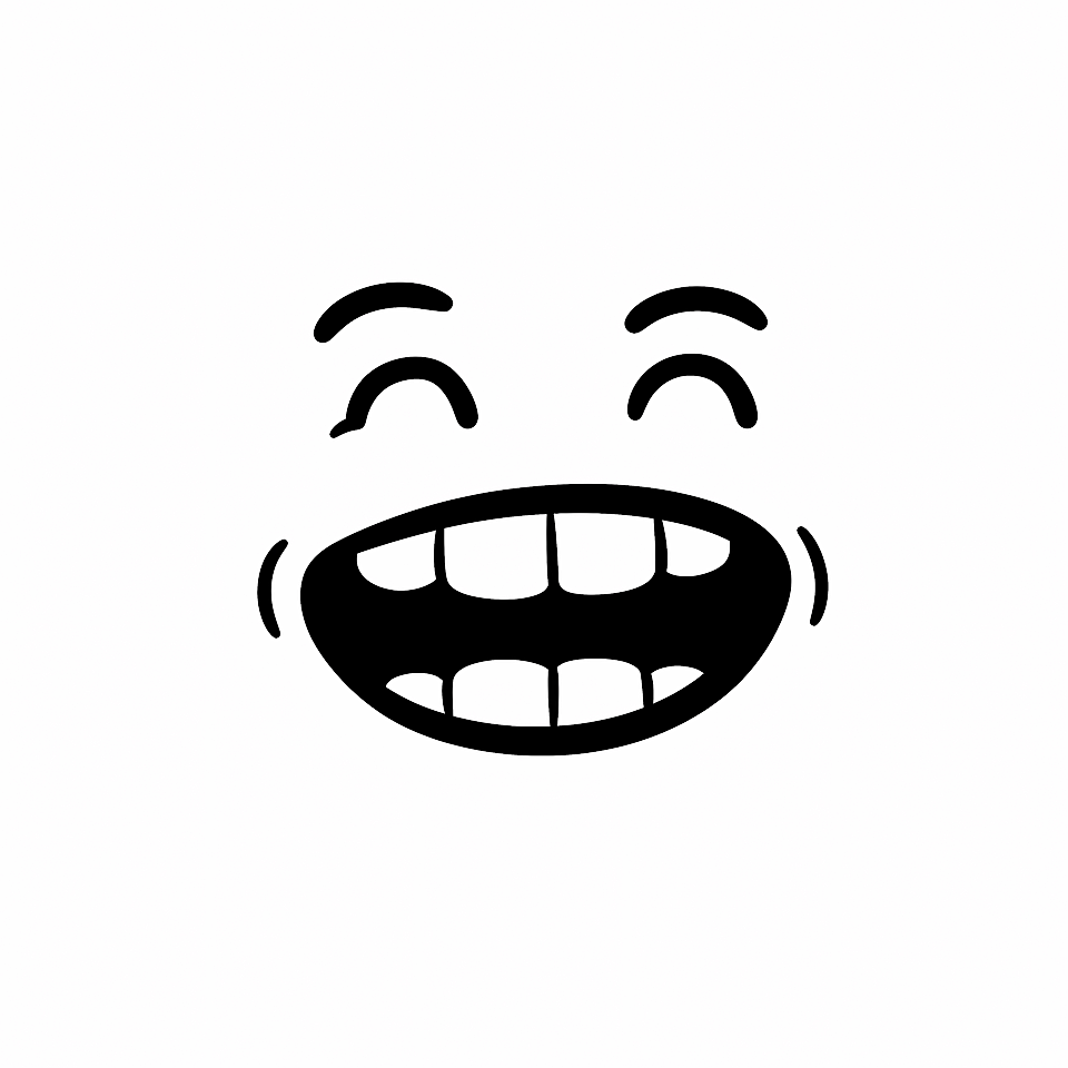 Minimal black laughing face icon with closed eyes and open smiling mouth on white background