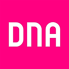 Logo of DNA in bold white letters on a vibrant pink background.