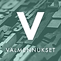Graphic featuring a large white 'V' on a textured background of vintage metal typeface letters, labeled 'Valmennukset'.