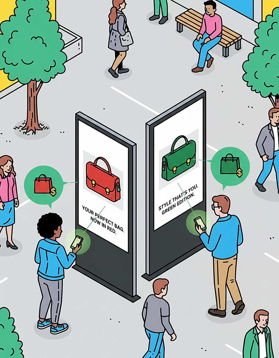 People viewing handbag ads on digital billboards in a city street