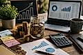 Workspace featuring a laptop with graphs, coins in a jar, a calculator, and notes, highlighting financial planning.