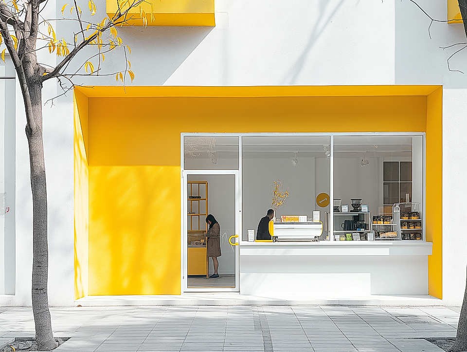 Minimalist yellow-and-white cafe storefront with large display window and service counter.