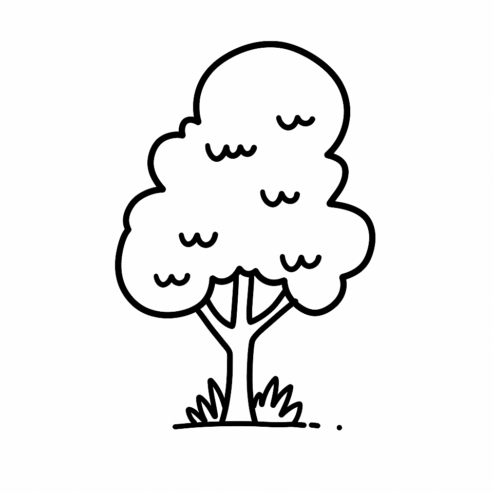 Simple black-and-white cartoon of a leafy tree with grass at the base on a white background.