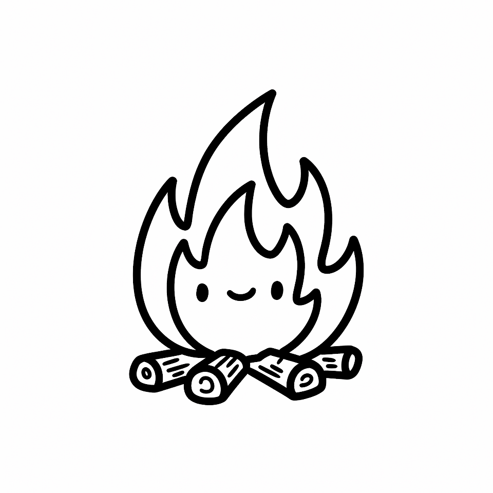 Cartoon campfire with smiling flame and stacked logs in black outline