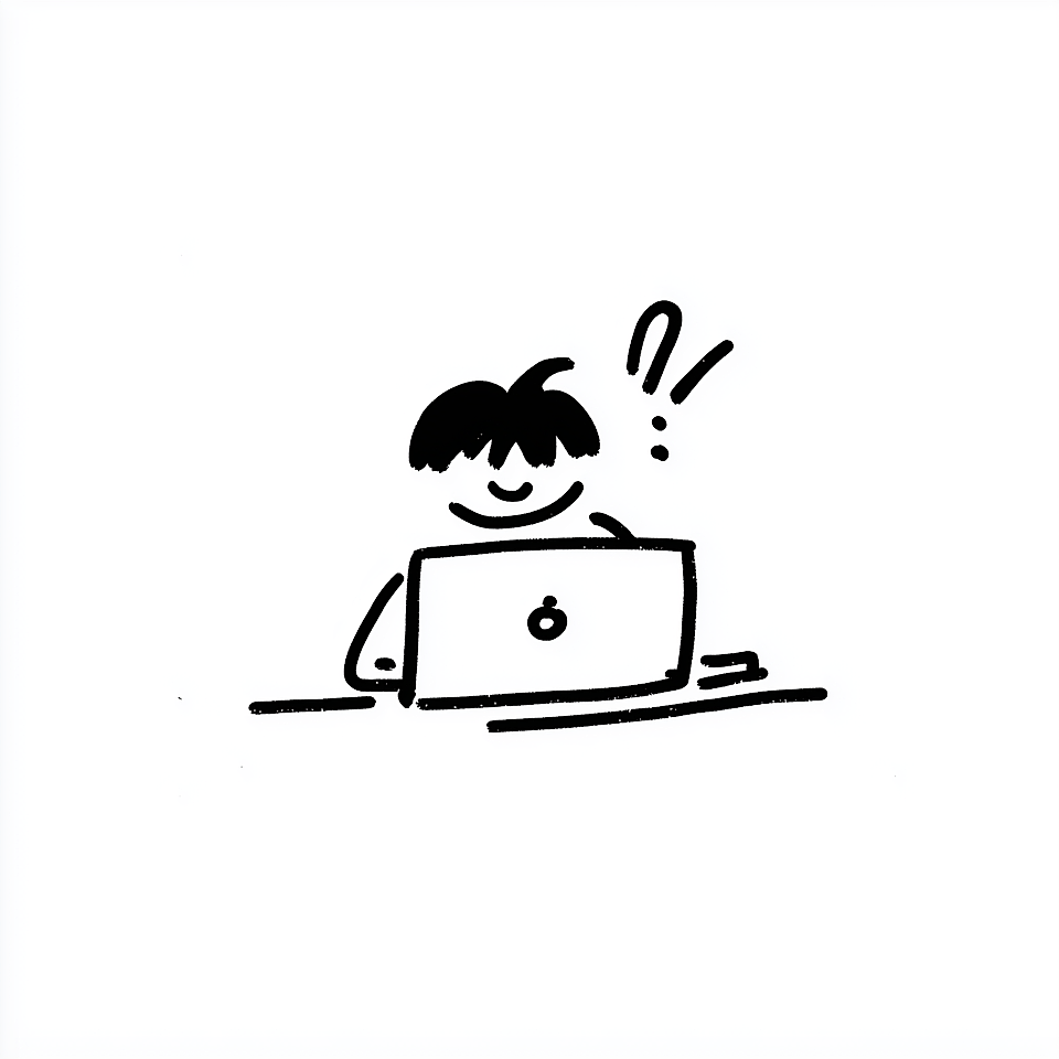 Hand-drawn person using a laptop with a question mark above their head