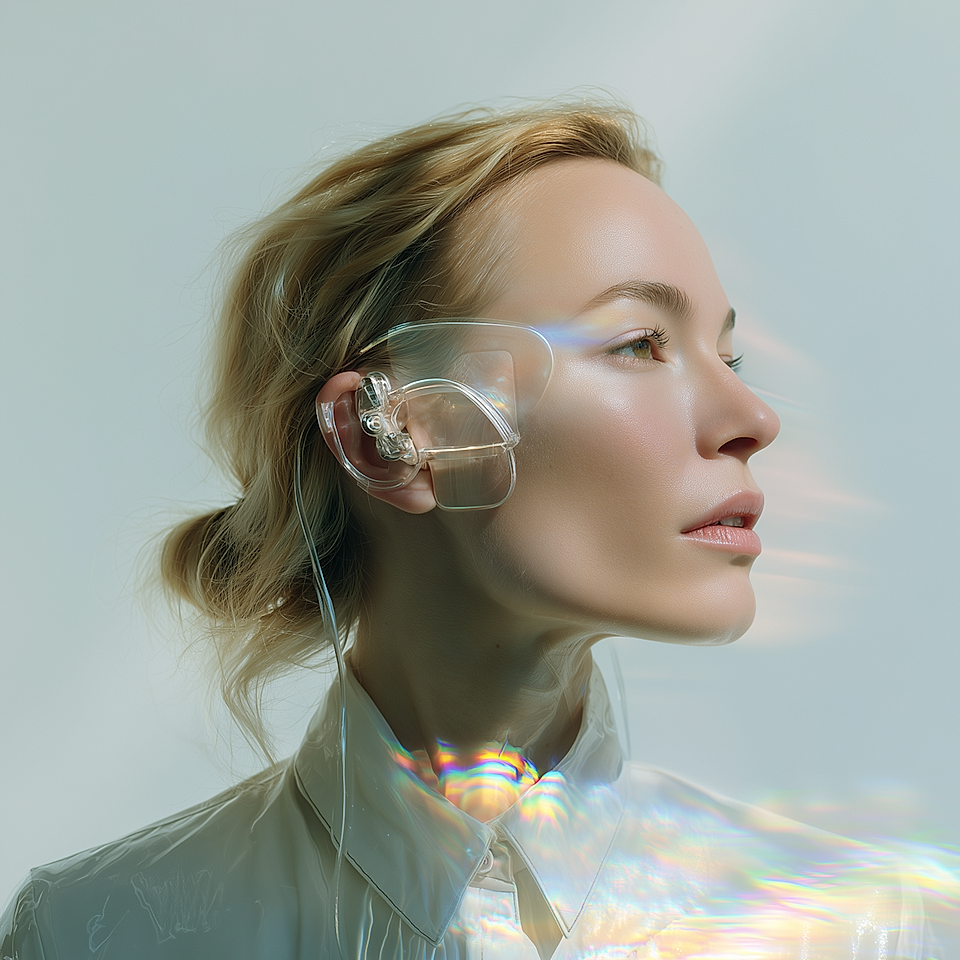 Portrait of a woman wearing a transparent earpiece against a plain background
